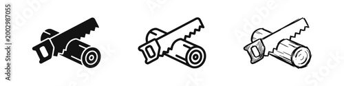 Hand Saw Cutting Wood Log Icons for Carpentry and Woodworking