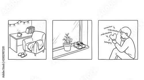 Cozy workspace with plants and warm drink