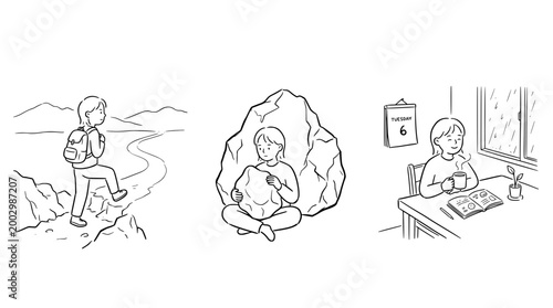 Hiker on a trail near a large rock formation