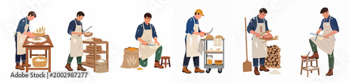 Set of professional male artisan bakers in aprons preparing and scoring handmade bread dough in a traditional craft bakery, isolated on white.