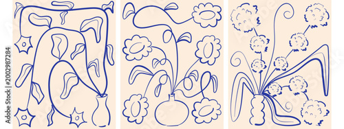Set of three abstract floral posters in vector doodle style. Hand drawn minimalist flowers in vases with fluid lines isolated on light background for modern interior decor and wall art.