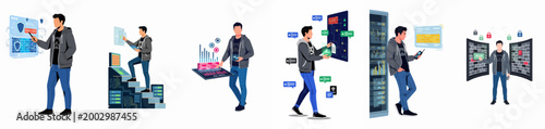 Cybersecurity Expert Illustration Set Featuring Network Security Monitoring, Data Protection, Threat Detection, and Server Management in a Modern Flat Design Style