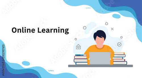 Online learning concept illustration with a male student sitting at a desk with a laptop and stacks of books against a blue background.