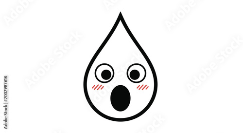 Cartoon surprised water drop character with big eyes and an open mouth for water conservation and environmental awareness themes.