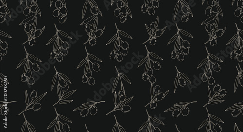Seamless pattern with white outline drawings of olive branches and fruits on a solid black background for elegant food packaging.