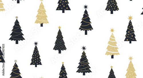 Luxury seamless pattern with black and gold Christmas trees decorated with garlands and stars on a white background for holiday wrap.
