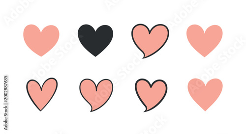 Collection of hand drawn heart shapes in pink and black colors with different styles and outlines for love and wedding designs.