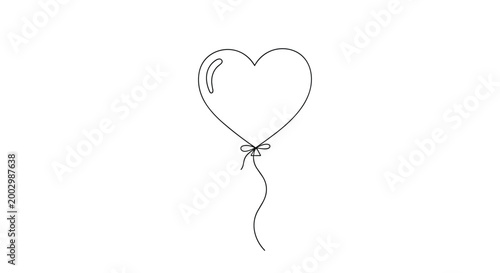 Minimalist heart shaped balloon outline with a thin string isolated on a white background for love and party celebration concepts.