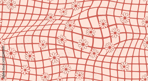 Trendy retro pattern with white daisies on a distorted wavy brown grid background for groovy and 70s style fashion and decor.
