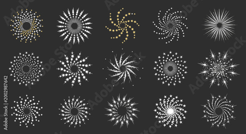 Set of white and gold circular starburst and sparkler icons on a dark grey background for magical and festive celebration themes.