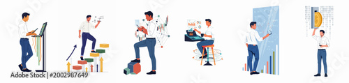 Flat vector illustrations of a professional man engaged in financial trading, data analysis, stock market monitoring, and business growth strategies.