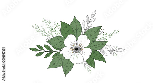 Floral bouquet illustration with a large white central flower surrounded by green leaves and delicate branches on a white background.