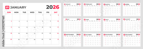 Wall calendar 2026 twelve month planner with january on left and all months displayed in grid layout side by side for yearly overview and organization