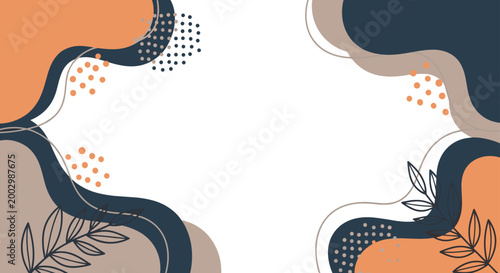 Abstract background with organic wavy shapes in orange blue and beige colors with dots and leaf outlines for creative banners.