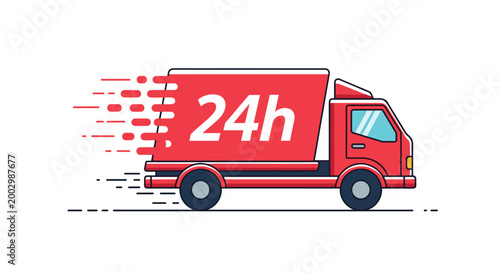 Modern delivery truck illustration with 24h text and motion lines representing fast and reliable logistics services on a white background.