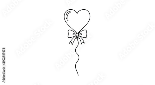 Heart shaped balloon outline with a decorative bow on the string isolated on a white background for romantic gift and party designs.