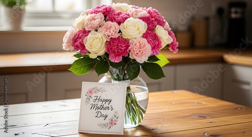 Roses and carnations bouquet in kitchen vase with Happy Mother's Day card