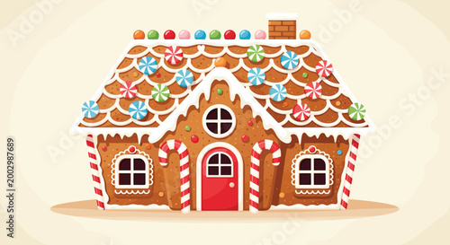 Colorful gingerbread house illustration with candy decorations and white icing for Christmas and winter holiday celebrations.