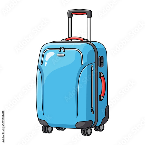 Blue Rolling Suitcase with Red Accents on White Background