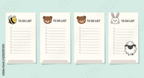 Collection of cute animal themed to-do list templates with illustrations of bee bear and bunny for kids and nursery planning.
