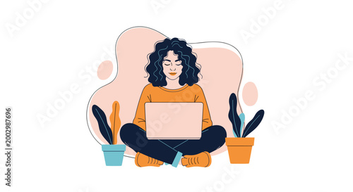 Young woman with curly hair working on laptop while sitting cross-legged between potted plants in flat illustration style.