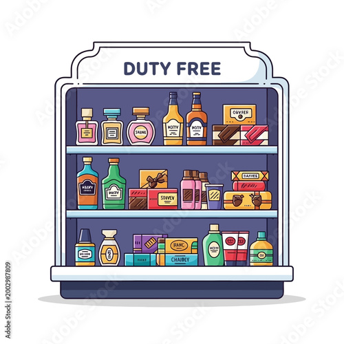 Duty Free Shop Display Shelf with Perfume, Alcohol, and Chocolates