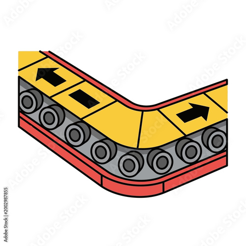 Industrial conveyor belt with arrows on yellow segments, turning a corner