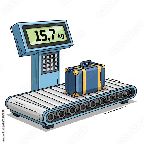 Luggage weighing on conveyor belt scale at airport