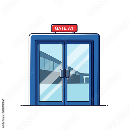 Modern blue airport gate with A1 sign, glass doors, and reflections