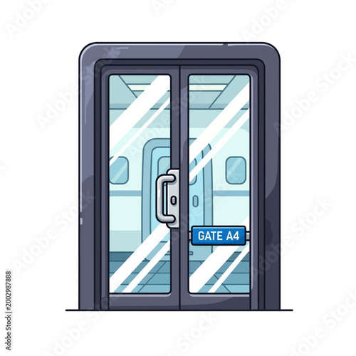 Modern glass doors with "GATE A4" sign, airplane interior visible