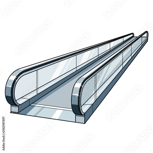 Modern moving walkway escalator with glass railings, isolated on white background.