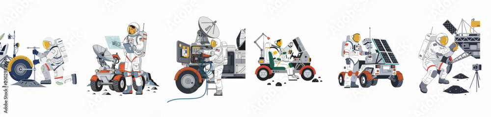 Fototapeta premium Set of illustrations showing astronauts in space suits performing scientific research and maintenance tasks on the moon with rovers and equipment.