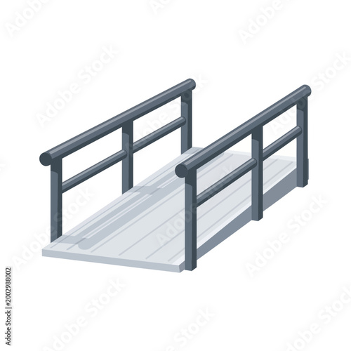 Simple Wooden Bridge with Metal Handrails, Isolated on White Background