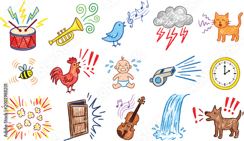 Children's drawings of various sounds and noises in bright crayon colors on white