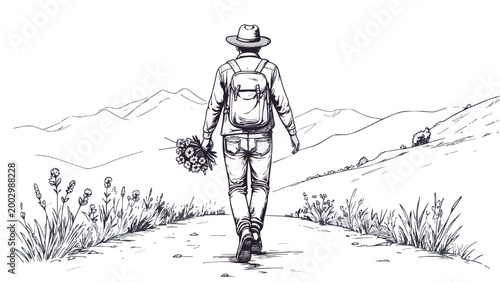 Person traveling outdoors carrying flowers on a path