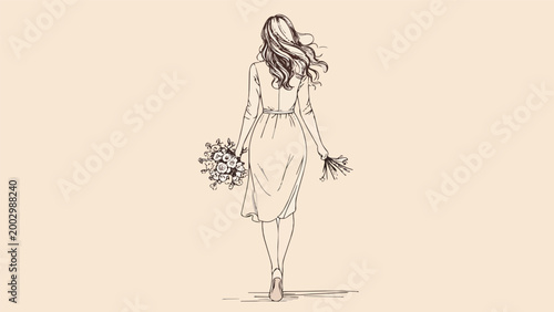 Woman walking away holding flowers sketch illustration