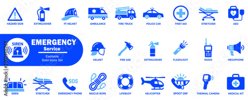 Emergency safety icons. Containing hazard sign extinguisher helmet ambulance fire truck police car first aid stretcher aed radio megaphone and tools.