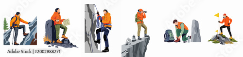 Set of diverse mountaineering and hiking illustrations featuring people climbing, navigating with a map, taking photos, and reaching mountain summits.