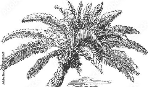 Detailed vintage illustration of a palm tree with fronds and textured bark