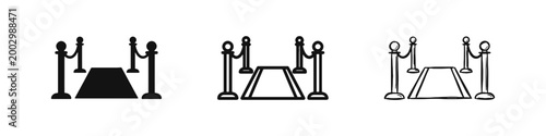 Red carpet entrance icon set with stanchion barriers in flat, outline, and sketch styles.