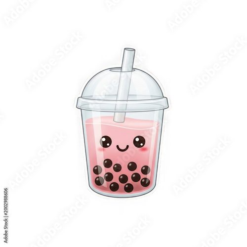 Kawaii boba tea sticker vector with pink milk and black pearls on transparent.