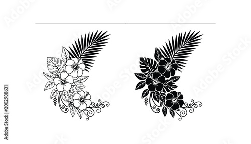 Tropical hibiscus bouquet with palm leaf icon vector illustration featuring exotic foliage in both outline and solid black styles for summer branding