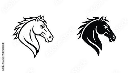 Minimalist horse head profile logo design in bold black and white outline and solid silhouette styles suitable for equestrian branding or sports team mascot icons