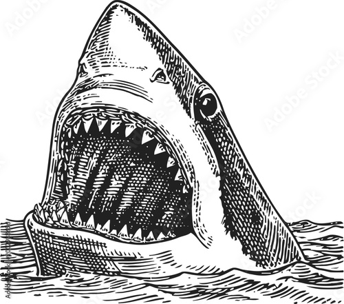 Great white shark rising from water with open jaws and sharp teeth detailed black and white illustration