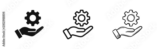 Technical support icon set with hand holding a gear in flat, outline, and sketch styles.