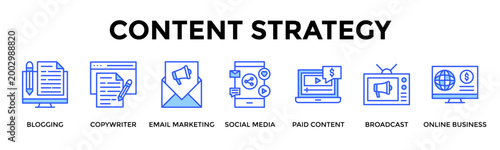 Content Strategy  Banner Web  Icon Set Collection Pack Vector Illustration Concept Containing Blogging, Copywriter, Email Marketing, Social Media, Paid Content, Broadcast, Online Business