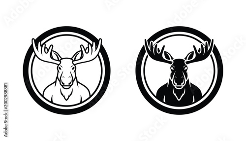 Moose head logo badge vector set in circular frame with outline and solid black silhouette for outdoor sports brand