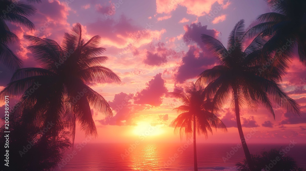 Obraz premium Tranquil Beach Sunrise with Palm Trees and Reflective Waters