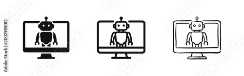 Artificial intelligence chatbot icon set with robot on monitor screen in flat, outline, and sketch styles.