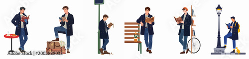 Set of illustrations featuring a young man traveling and reading books in various urban settings, themed around French language and culture.